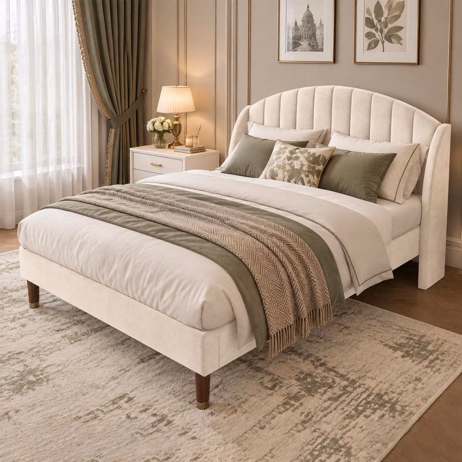 Letto imbottito INONEFT, 140x190 cm, letto matrimoniale con rete a doghe, struttura del letto con testiera, adatto come letto per giovani e adulti, letto per ospiti, rivestito in velluto, colore beige