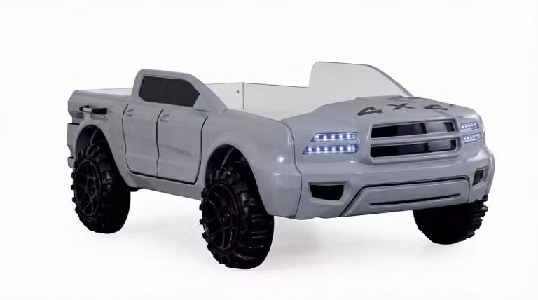 Letto a forma di auto grigia, design 4x4, per una camera da letto per bambini con illuminazione a LED