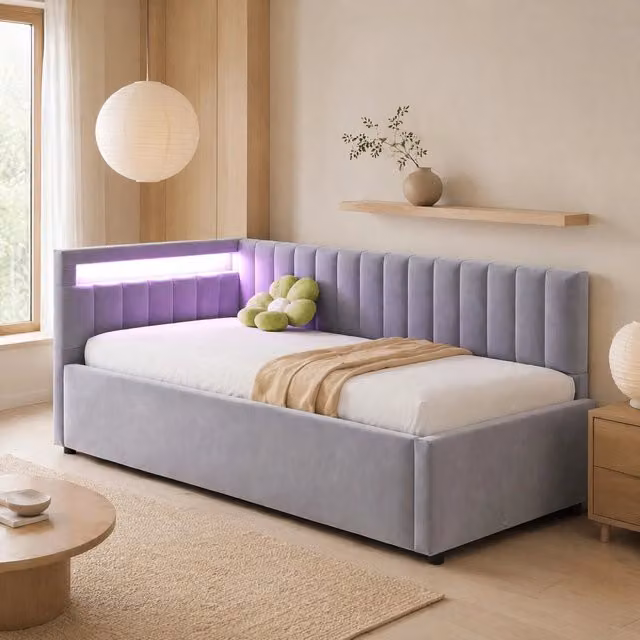 Letto imbottito MODFU con contenitore idraulico e illuminazione LED in velluto grigio L/P: 90 x 200 cm – 1