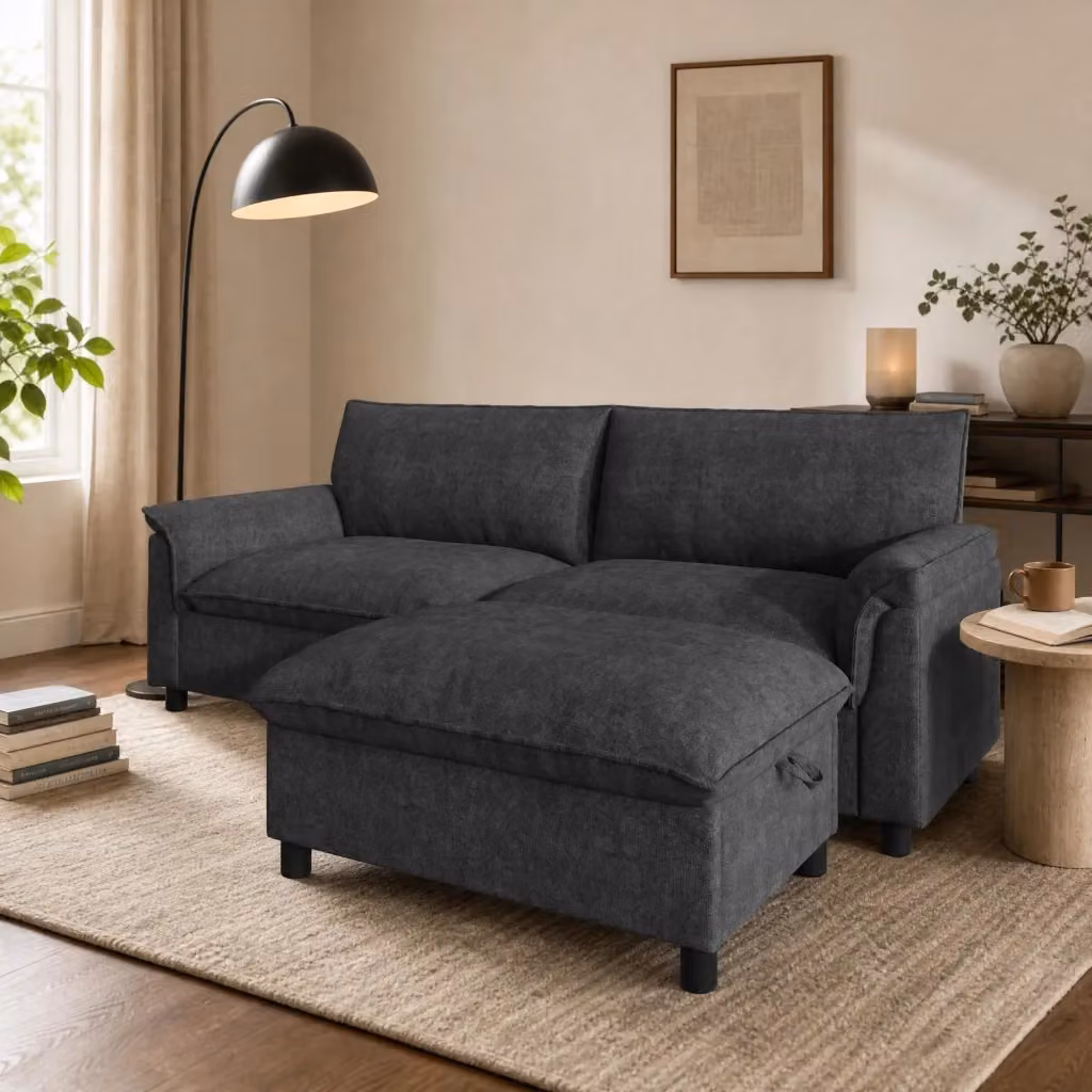 Divano Mivray grigio con pouf contenitore e funzione letto, L: 216 cm, P: 82 cm, H: 77 cm – 2