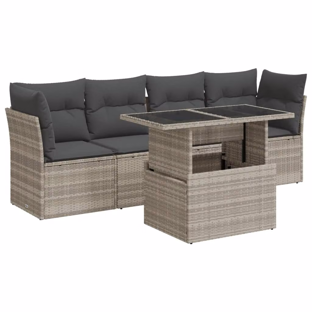 Set Divano da Giardino 5pz con Cuscini Grigio Chiaro Polyrattan