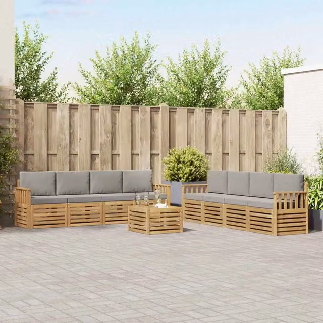 Set di mobili da giardino vidaXL composto da 9 pezzi con divani a L, poltrone e tavolino da caffè in legno di acacia trattato, colore bianco e grigio – 1