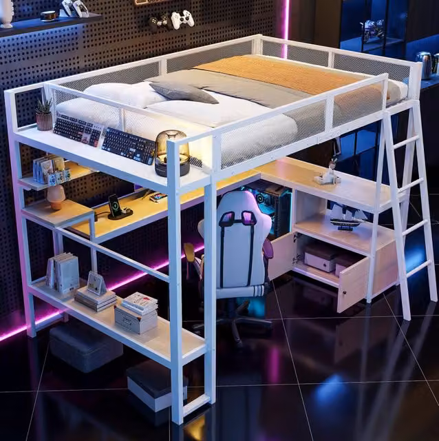 Letto a soppalco gaming 140x200 cm con scrivania; LED e spazio contenitivo; bianco