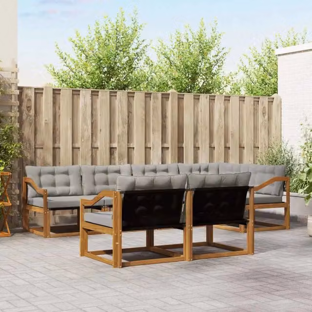 Set di divani da esterno a L vidaXL in legno di acacia con cuscini beige e grigio