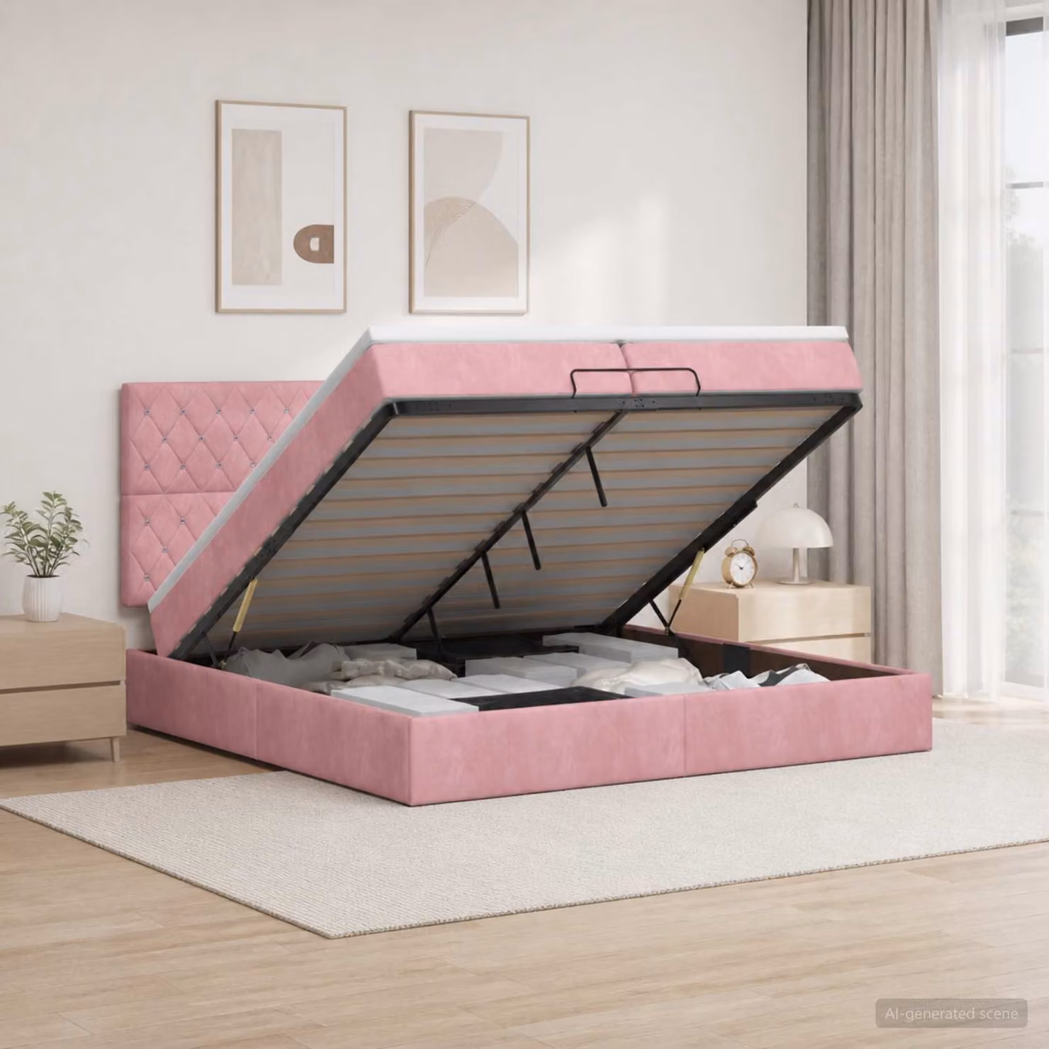 Letto ottomano con materasso vidaXL in velluto rosa, L/P/H: 200 x 200 x 88 cm