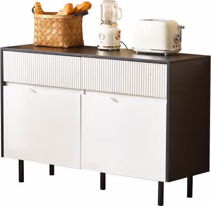 Credenza AIORBER, con 2 cassetti e 2 ante, design con scanalatura oxford, con guide silenziose, ripiani regolabili, armadietti per il soggiorno, 120x40x80cm, bianco