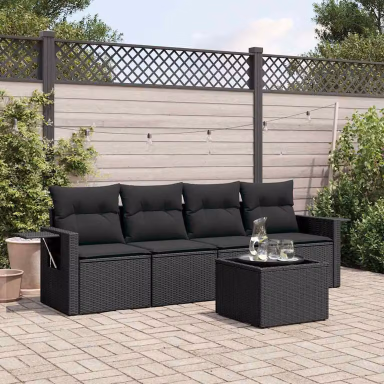 vidaXL Set Divani da Giardino 5 Pezzi in Polyrattan Nero con Cuscini e Tavolino