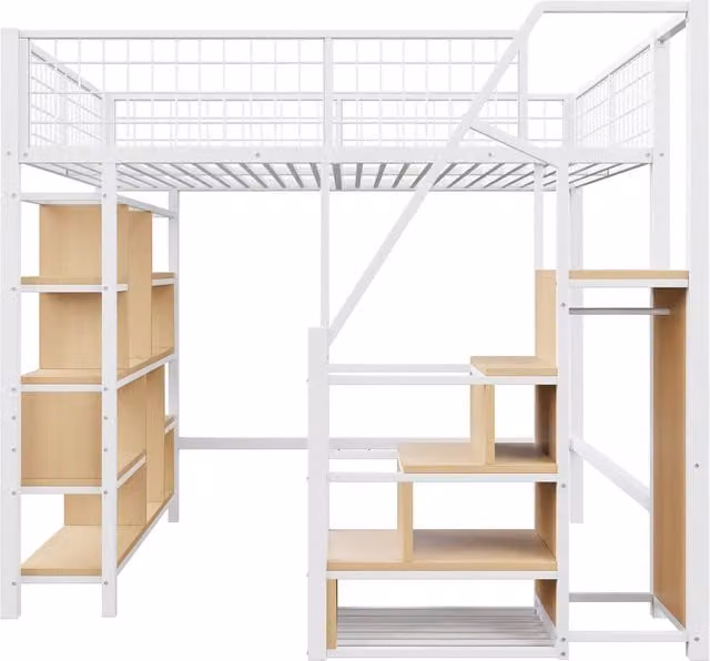 Letto a soppalco matrimoniale Chicfurn in metallo e legno bianco con scala contenitore e ripiani laterali L/P/H: 204 x 140 x 170 cm