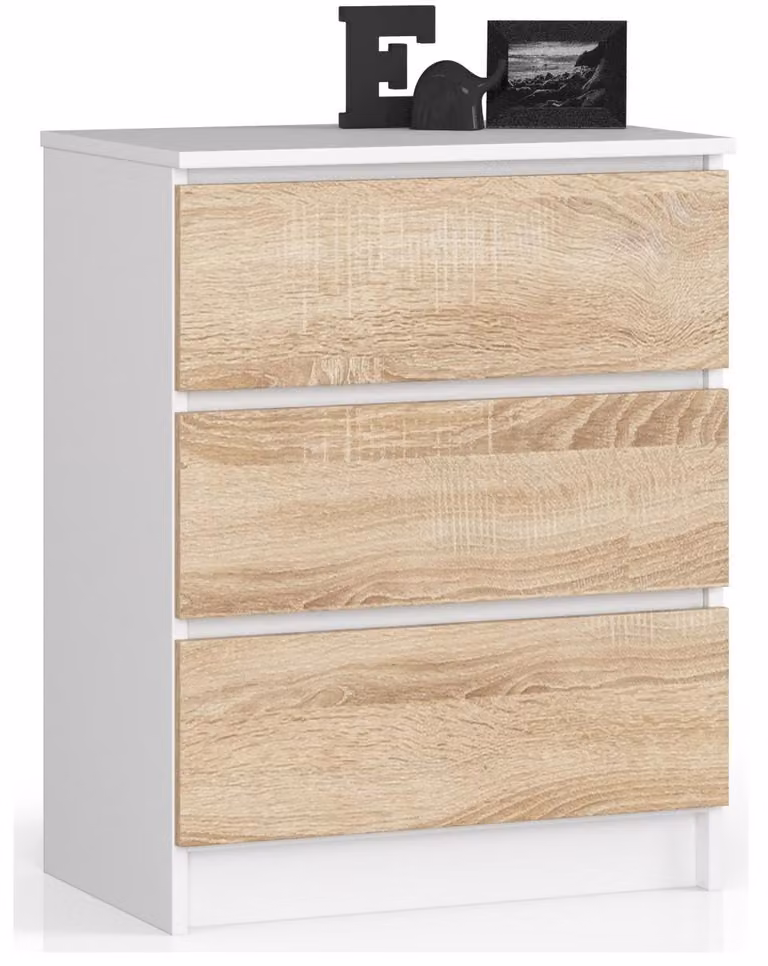 Comò elegante 60 cm bianco e rovere sonoma con tre cassetti per pratico stoccaggio