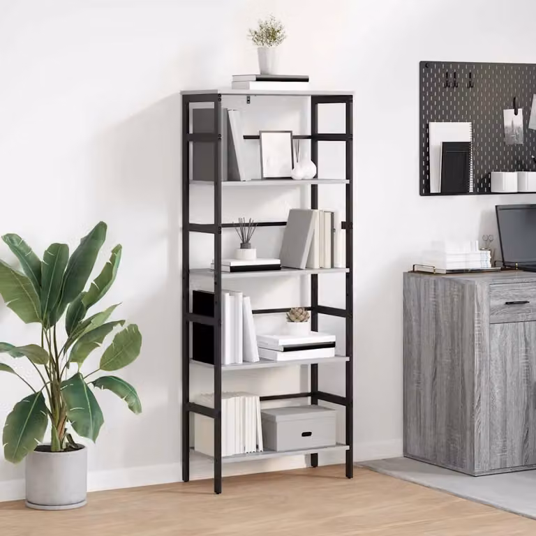 Libreria industrial vidaXL a 4 livelli in legno ingegnerizzato e metallo, colore nero e grigio, L 60 cm x P 29,5 cm x H 149 cm