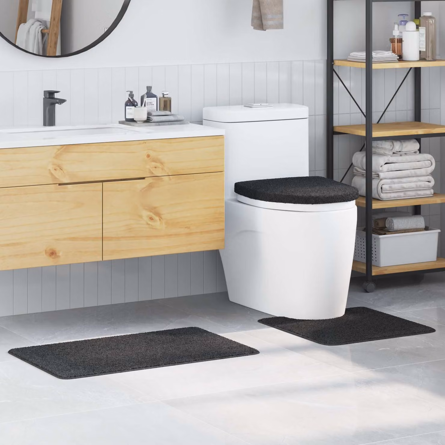 Set di 3 tappetini antiscivolo per il bagno vidaXL, inclusa copertura per coperchio WC, colore grigio, lavabili in lavatrice