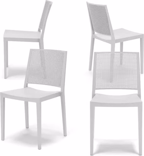 Set 4 Sedie in polipropilene PORTO, impilabile, resistenza raggi UV, design moderno, ideale per sala da pranzo, cucina, bar, ristoranti o giardino, colore Bianco