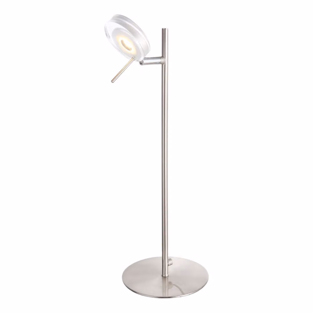 Lampada da tavolo a LED, finitura nichel opaco, diffusore in acrilico trasparente, con interruttore. Include 1 lampada LED da 5W, 10-5V. Modello Globo 56190-1T