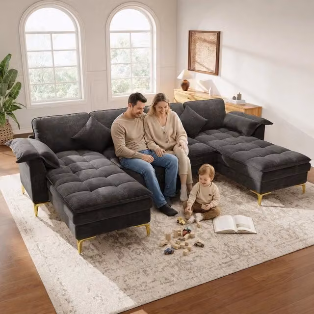 Divano angolare 4 posti con 2 chaise longue ¨C Minimal ¨C Grigio, tessuto chenille, gambe metallo, cuscini inclusi