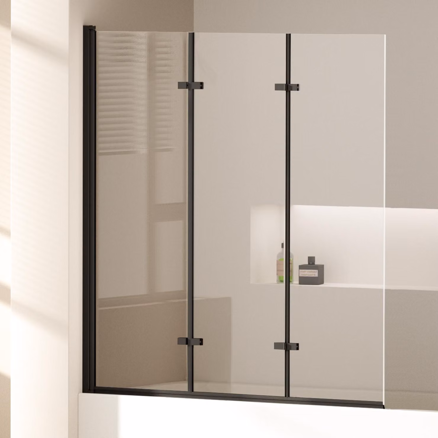 EMKE Cabina doccia 120 x 140 cm Telaio nero opaco Schermo pieghevole per vasca da bagno Vetro di sicurezza ESG nanorivestito Schermo doccia Vetro per vasche da bagno