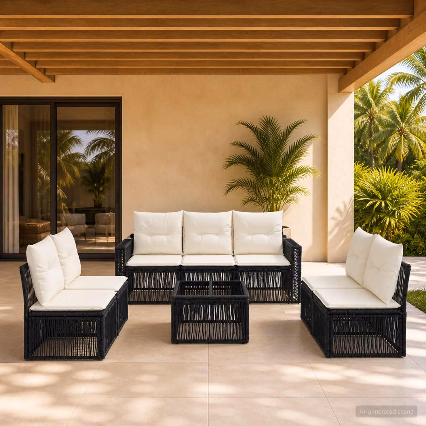 Set Divano da Giardino vidaXL 8 Pezzi Moderno in Polyrattan con Cuscini Nero e Bianco Crema