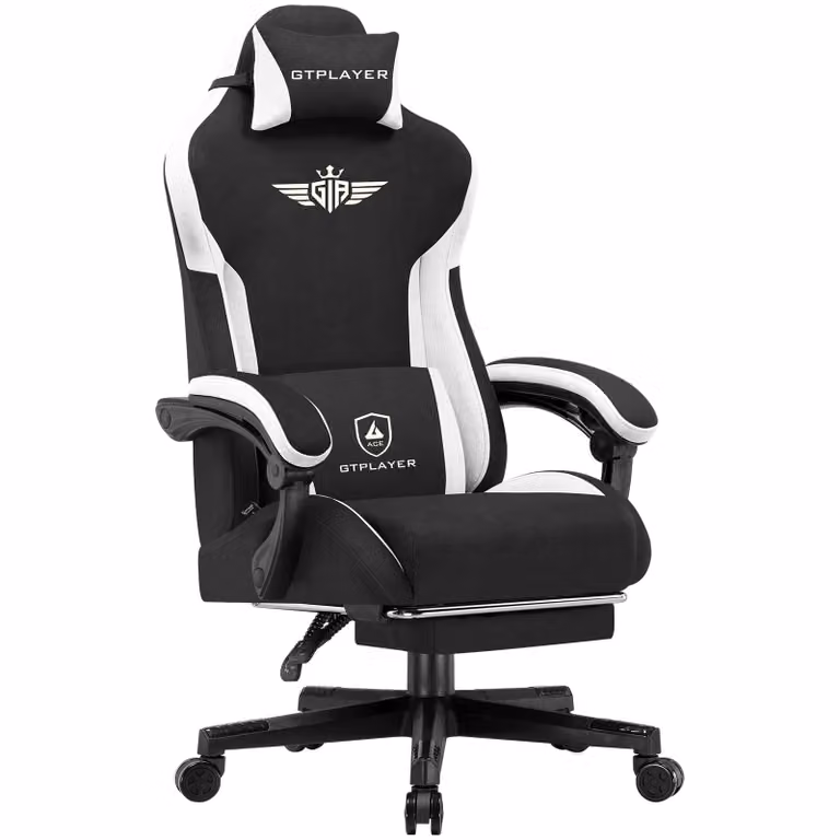 Sedia da gioco GTPLAYER, sedia da gioco ergonomica in tessuto con supporto lombare, sedia per PC con schienale allargato, capacità di carico fino a 150 kg, BLK