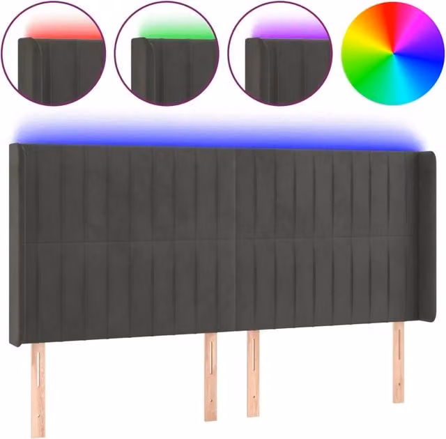 Testiera con illuminazione LED e porta di ricarica USB in velluto grigio scuro L: 203 cm, P: 16 cm, H: 118/128 cm – 1