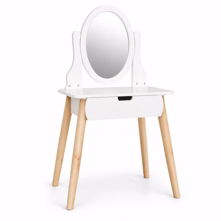 Comò da trucco per bambini con specchio e cassetto – Bianco/Naturale – 55 x 109 x 30 cm – Comò per la cameretta dei bambini