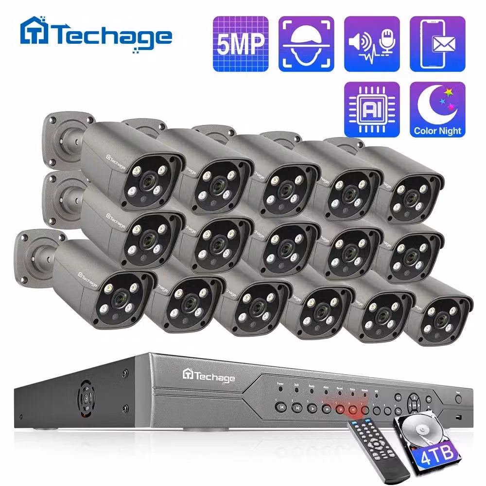 Kit di telecamere di videosorveglianza CCTV con 16 canali, risoluzione 5MP, rilevamento umano tramite intelligenza artificiale e audio bidirezionale