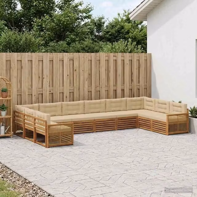 Set di divani da giardino vidaXL in legno di acacia massello con cuscini beige e marroni, 10 pezzi