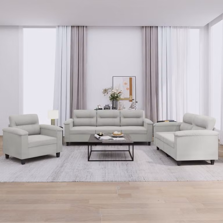 Set di divani 3 pezzi vidaXL in tessuto microfibra grigio con cuscini coordinati per soggiorno