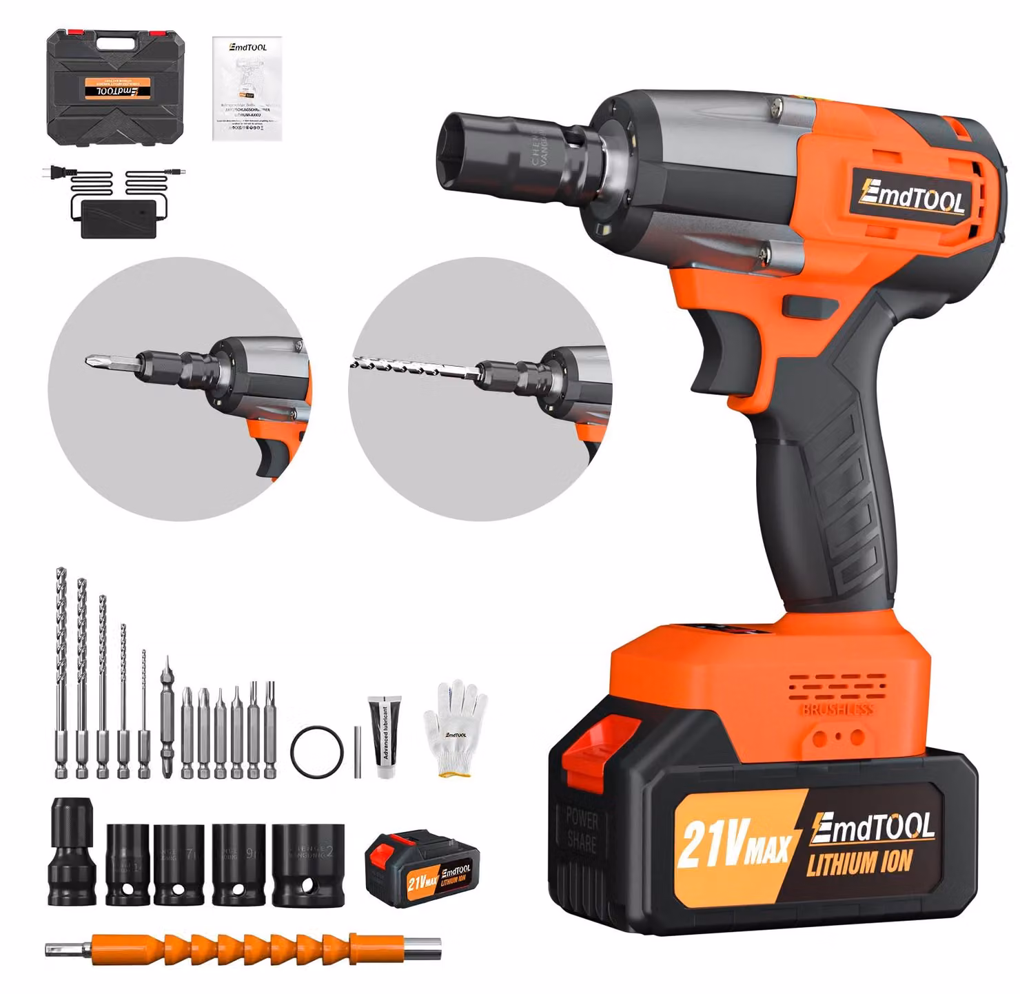 Avvitatore a percussione a batteria – Modello senza fili – Attacco quadrato da 1,27 cm – Motore brushless – 21 V – Elevata coppia – Batteria agli ioni di litio ricaricabile – Luce LED