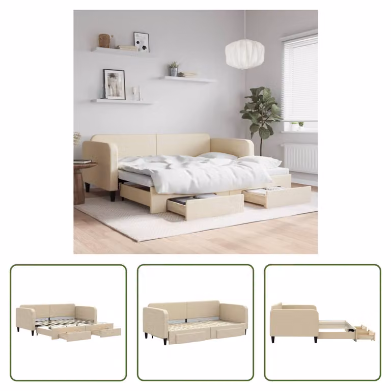 The Living Store letto da giorno allungabile con cassetti crema 90x200 cm in tessuto