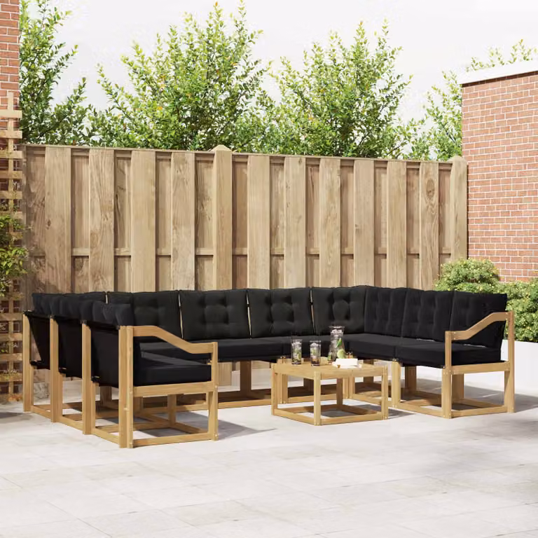 Set di divani da esterno vidaXL 10 pezzi in legno di acacia con tavolino e cuscini bianchi e neri