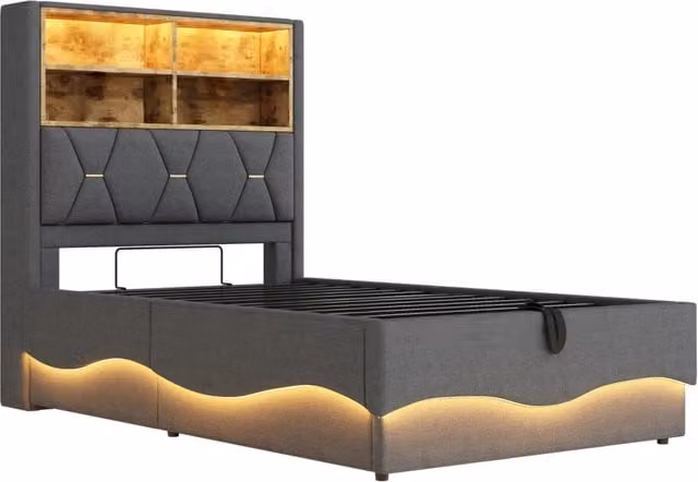 Letto per bambini 90x200 cm con contenitore idraulico, illuminazione LED controllata via app, struttura in metallo e rivestimento in lino grigio