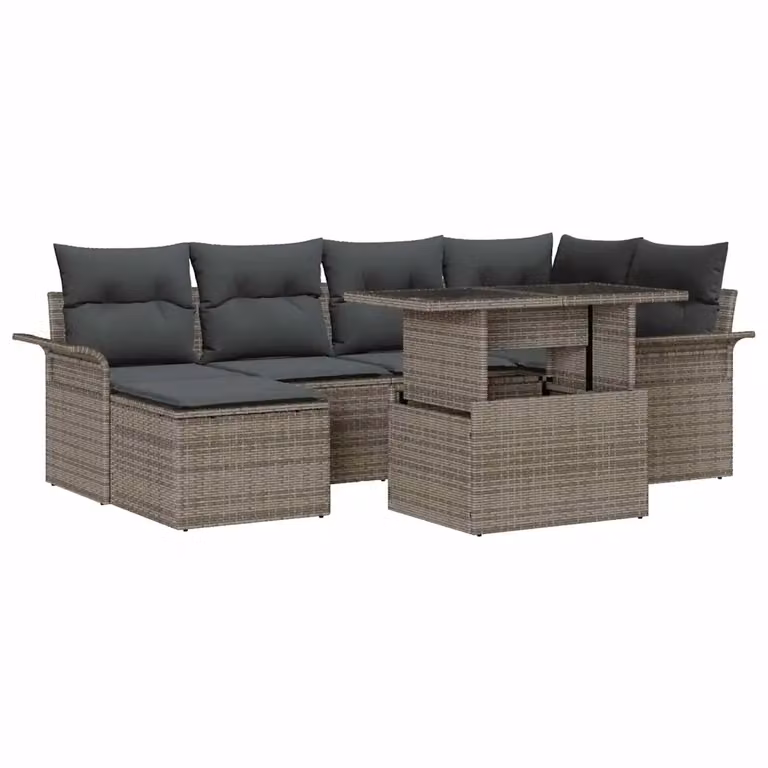 Set Divano da Giardino vidaXL 7 pz Grigio con Cuscini e Tavolino in Rattan e Acciaio