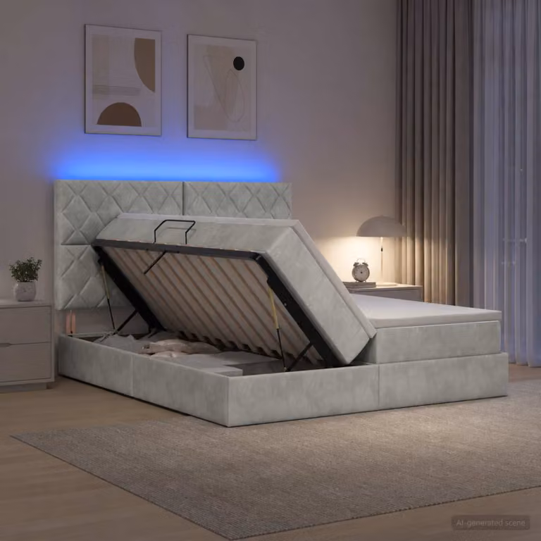Letto con contenitore vidaXL in tessuto grigio con illuminazione LED e porta USB, comprensivo di materasso ibrido, L/P/H: 200 x 140 x 204 cm
