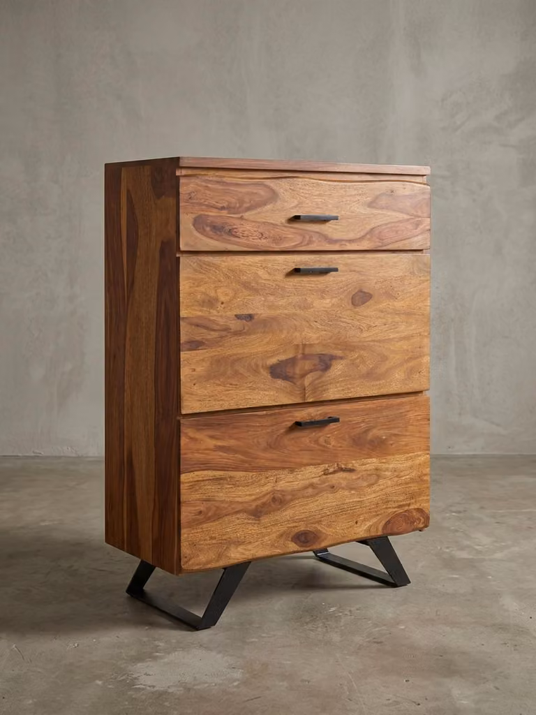 Comò Sheesham, credenza alta, struttura in metallo, 3 cassetti. 80x42x120 cm | Kadima Design
