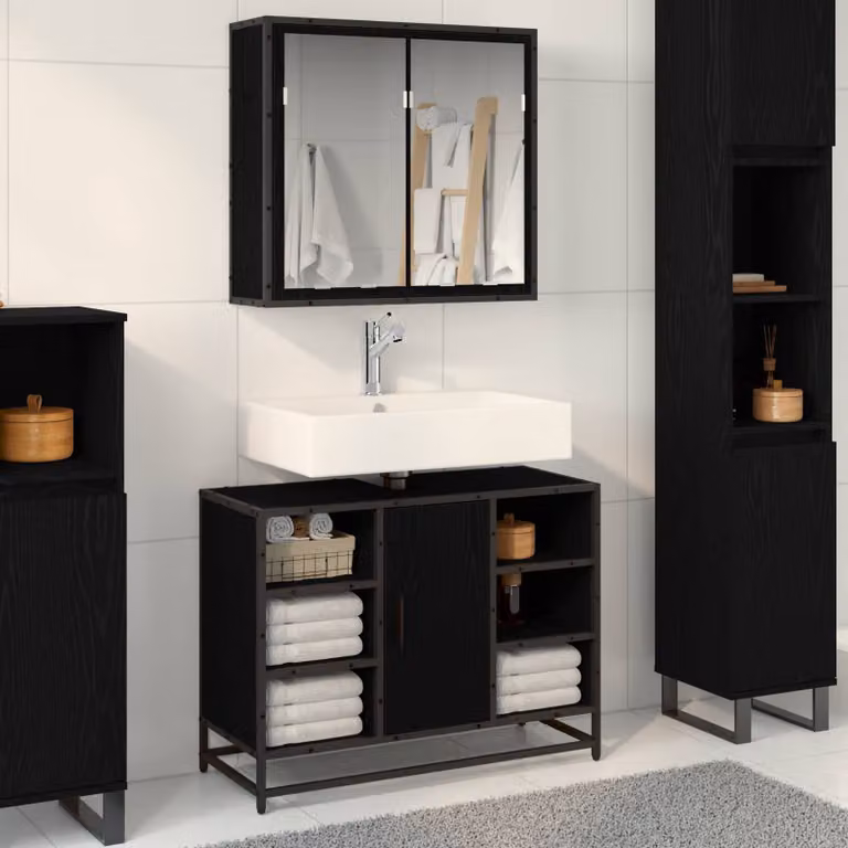 Set di mobili per il bagno vidaXL 2 pezzi in stile moderno nero e rovere con mobile lavabo e armadietto con specchio L 80 x P 33 x H 60 cm