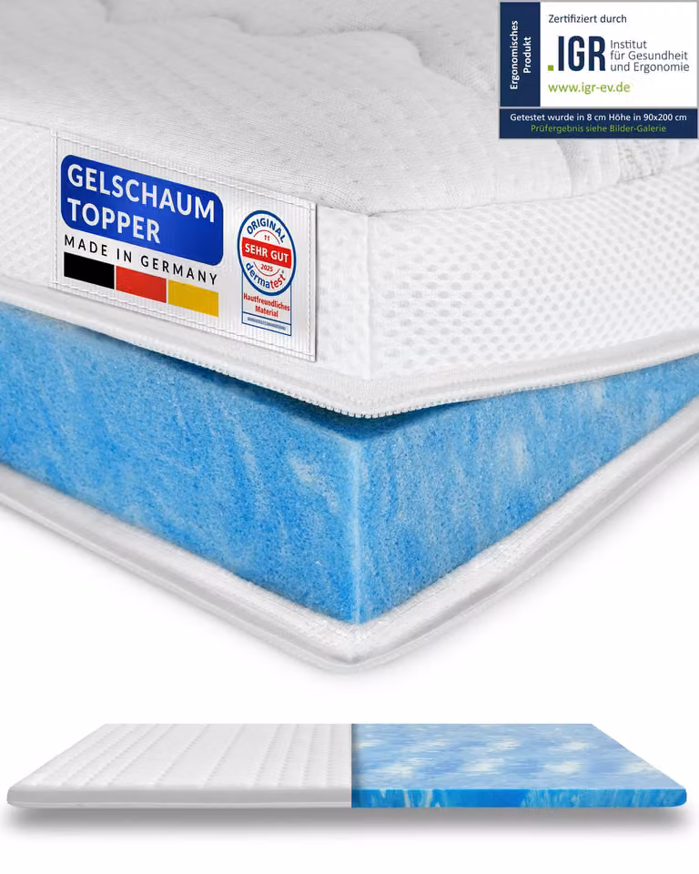 Materassi di qualità AM | Coprimaterasso in schiuma gel Premium Plus | 270 x 200 cm | 8 cm di spessore | Rivestimento in Lyocell | Funzione antiscivolo | Fascia traspirante perimetrale | Coprimaterasso in gel | 270 x 200 cm, 8 cm
