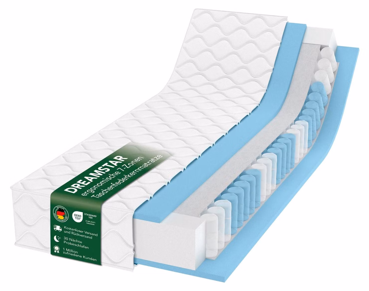 Materasso a molle tascabili ergonomico 7 zone - 120 x 200 cm - Altezza 22 cm - Materasso 120 x 200 cm
