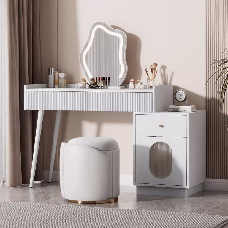 STILVORA Tavolo da trucco bianco con specchio LED, tavolo da trucco con illuminazione e 3 cassetti, tavolino da toeletta con armadio e luce touch, tavolo da trucco per camera da letto, 100×75×40 cm