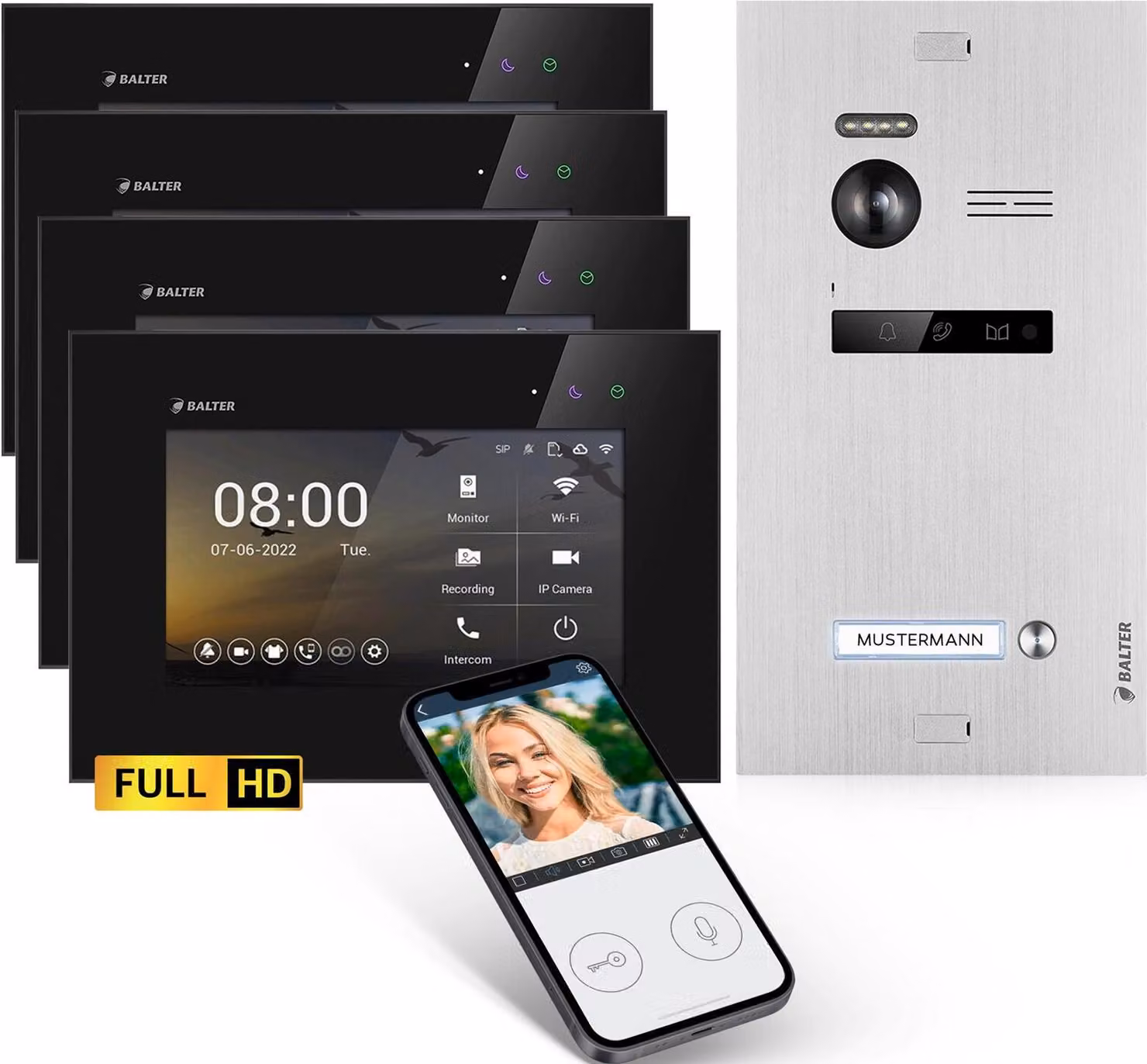 Videocitofono HD con app per smartphone per case monofamiliari, 4x monitor, Balter EVO HD WLAN argento/nero
