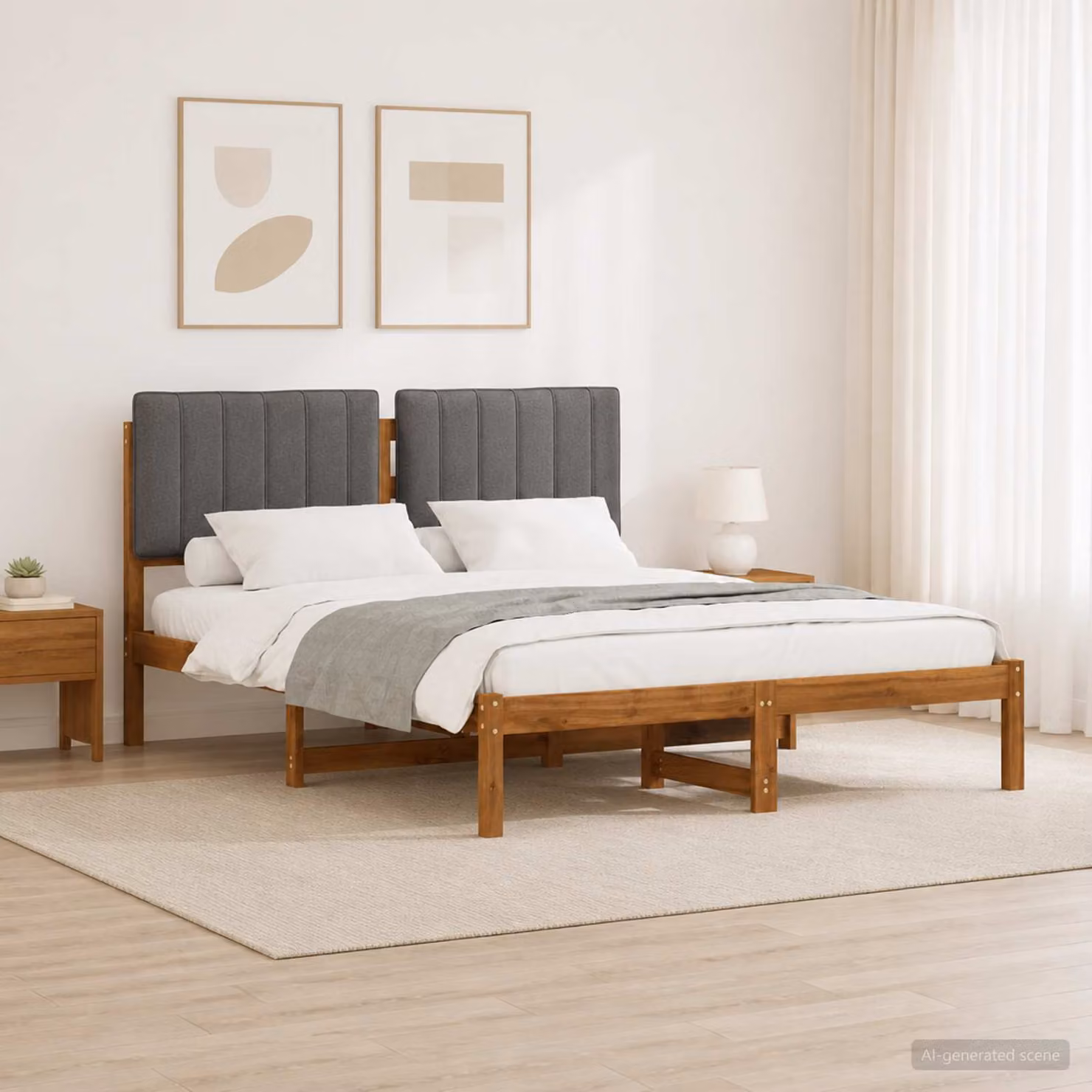 Letto con Testiera Rivestita vidaXL in Legno di Acacia Naturale e Grigio Chiaro L/P/H: 120 x 200 x 85 cm