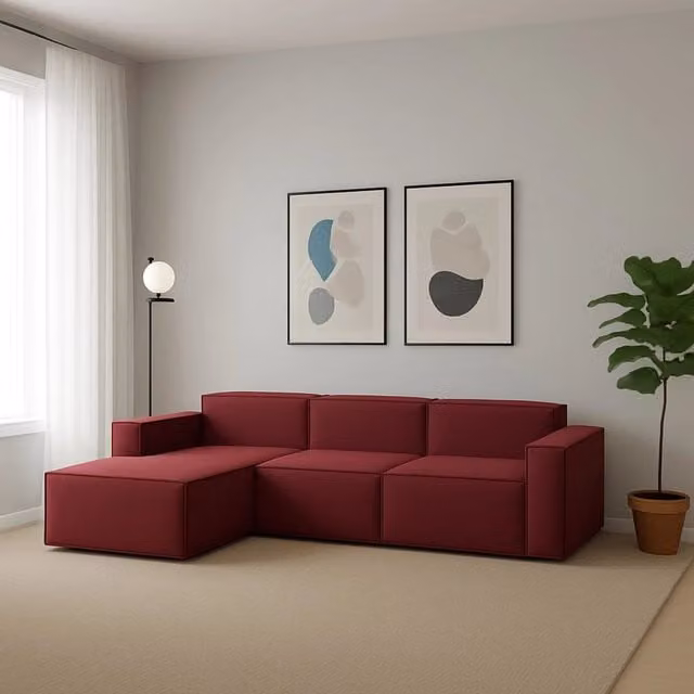 Divano componibile 3 posti Alganibra Talamo Italia con penisola sinistra, modello moderno in tessuto rosso con funzione letto e coperture rimovibili, L: 300 cm, P: 170 cm, H: 70 cm