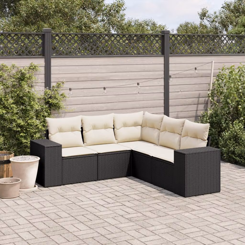 vidaXL Set Divani da Giardino a L 5 pz in Polyrattan Nero con Cuscini Imbottiti e Rivestimenti Rimovibili – 1