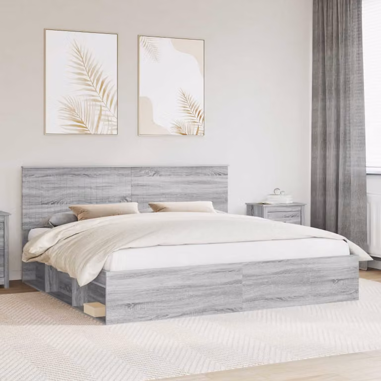 Struttura del letto moderna vidaXL in pino massello e MDF, colore Grigio Sonoma, L/P/H: 200 x 200 x 100 cm