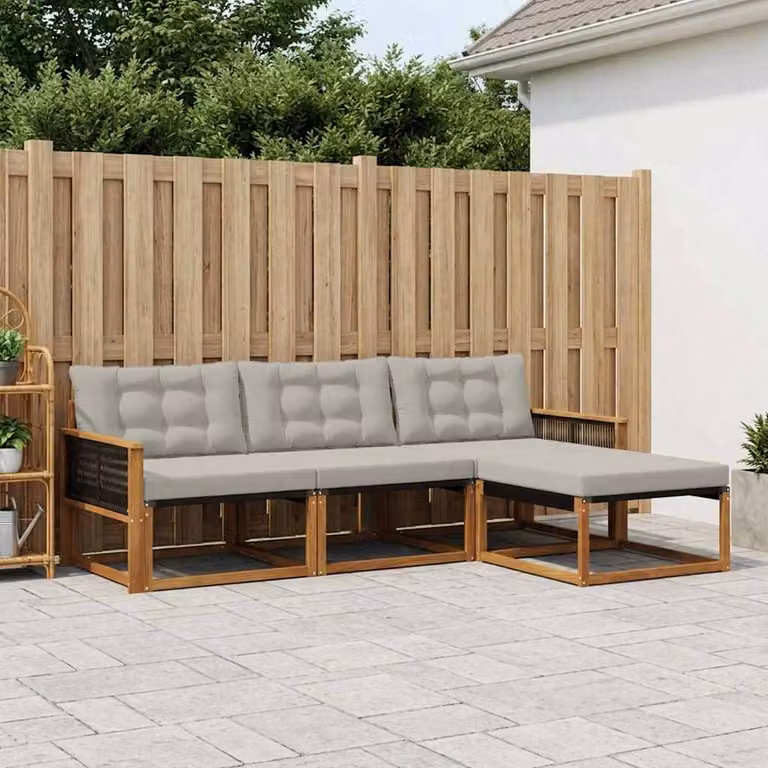 Set di divani da esterno vidaXL a forma di L in legno di acacia con pouf e cuscini, Beige e Grigio