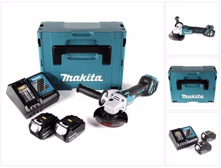 Makita DGA 511 RFJ Smerigliatrice angolare a batteria 18V 125 mm in valigetta Makpac + 2x Batterie 3,0 Ah + Caricatore rapido