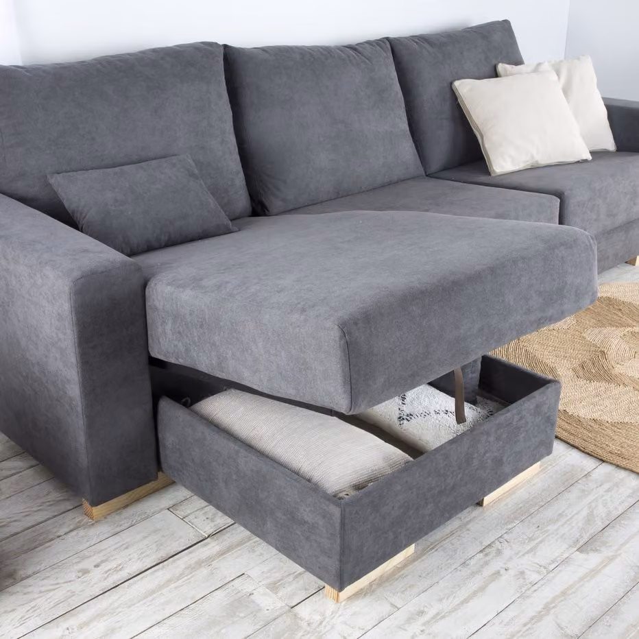 Divano letto Banak Dastyn a 3 posti con chaise longue a sinistra, modello L moderno in tessuto grigio con contenitore sollevabile per il tuo soggiorno – 2