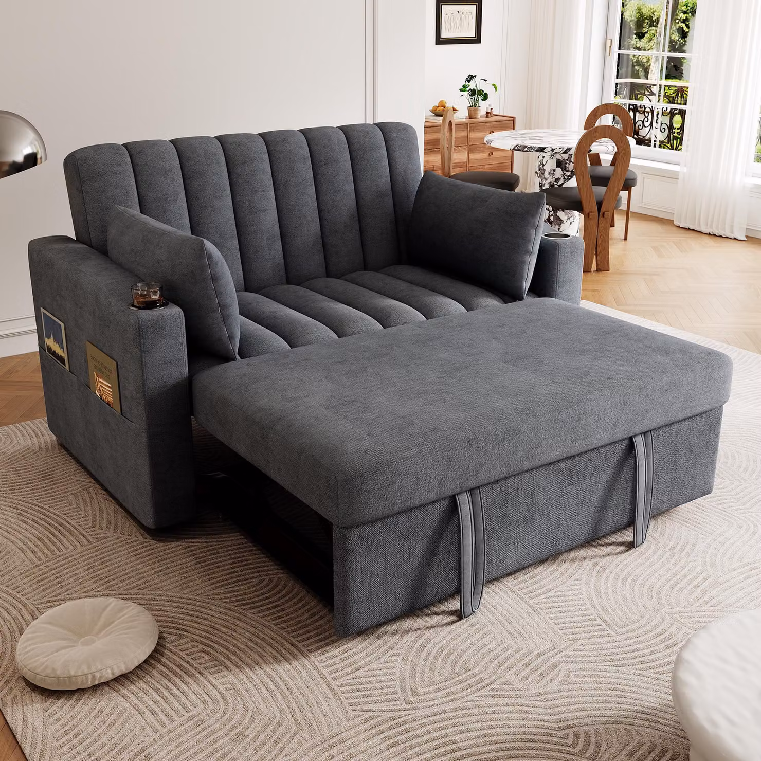 Divano letto Merax, con funzione sleep, divano letto a 2 posti con schienale regolabile, portabicchieri, set di divani, divano da salotto, grigio