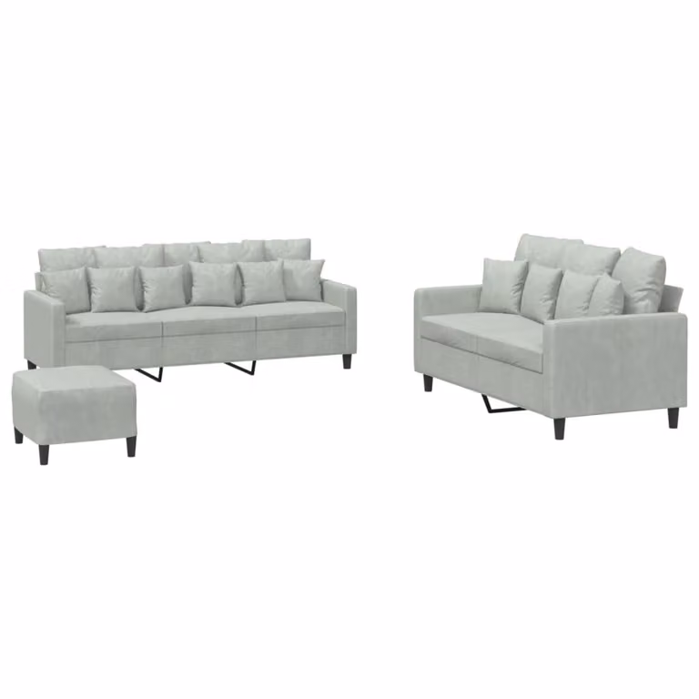 Set di Divani 3 pz con Cuscini Grigio Chiaro in Velluto