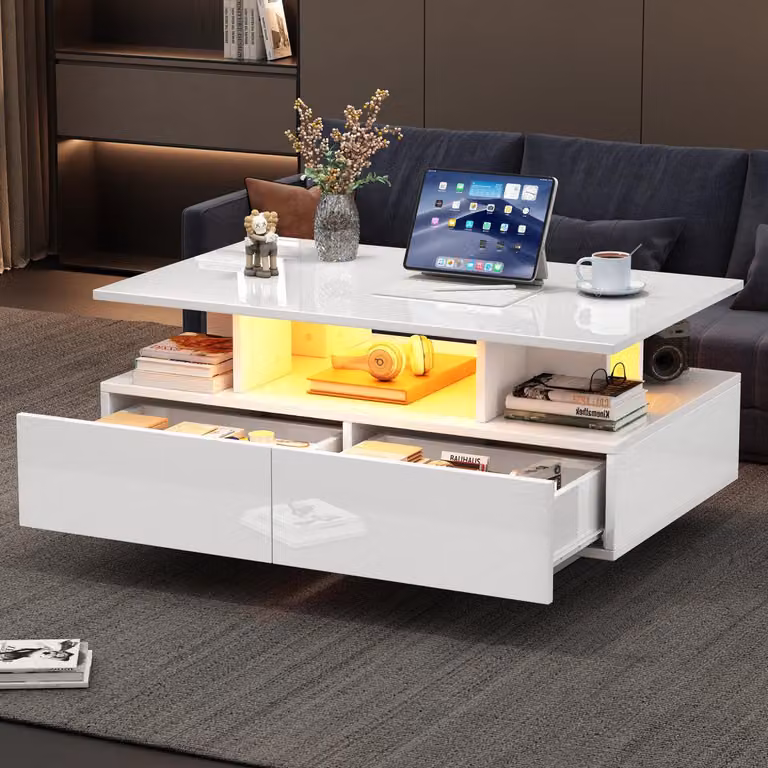 Tavolino da caffè bianco lucido, dimensioni 90x55x41 cm, con 2 cassetti e illuminazione LED