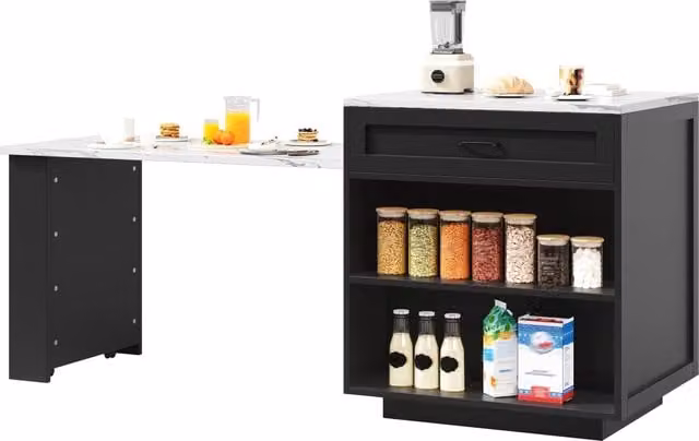 Isola cucina allungabile con contenitori, MDF nero, piano estensibile da 98 a 204 cm, 2 cassetti e vani