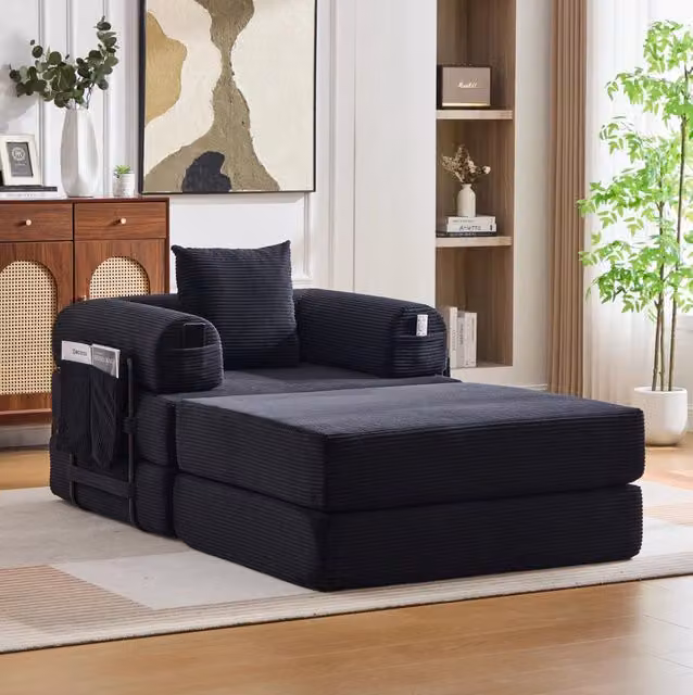 Poltrona modulare 112x190x67 cm nera in velluto a coste con pouf